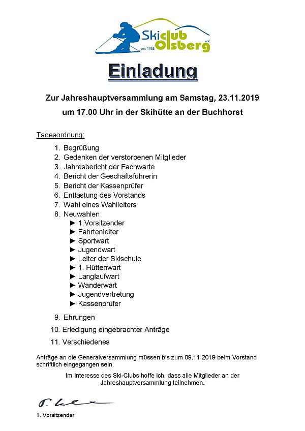 Einladung Skiclub Generalversammlung 2019